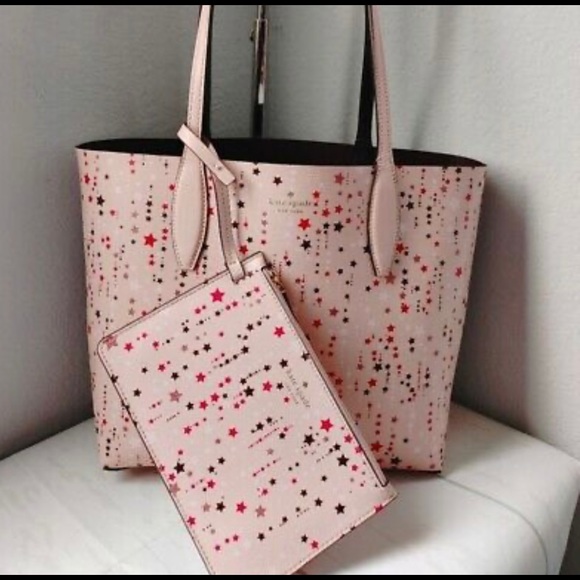 Kate Spade Twinkle Reversible Leather Tote Pale Pink Pouch Purple - Picture 8 of 9